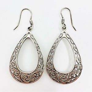 STERLING SILVER 925 Filigree Pierced Boho Teardrop Dangle Fish Hook Earwires